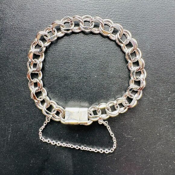 Curb Chain Link Bracelet Rhodium Sterling Silver w/ Safety Closure 7.7" - Picture 3 of 8